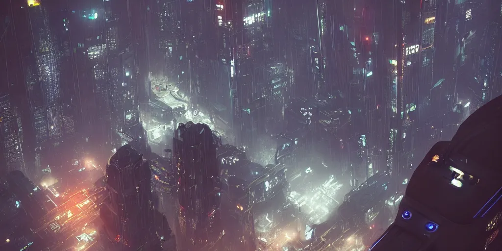 Prompt: futuristic science-fiction helicopter at night over a cyberpunk city, rain, mist, spaceships, skyscrapers _ james gurney, greg rutkowski, unreal engine