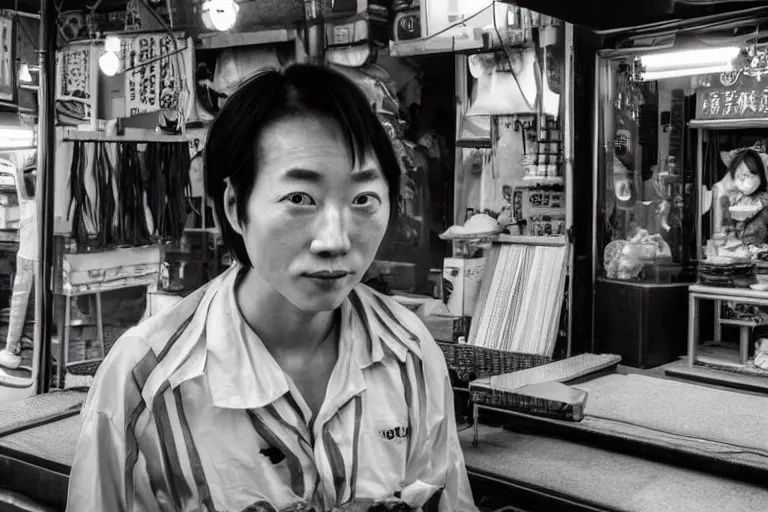Image similar to still photo of a japanese street vendor, black and white color aesthetic, highly detailed, photorealistic portrait, bright studio setting, studio lighting, crisp quality and light reflections, unreal engine 5 quality render