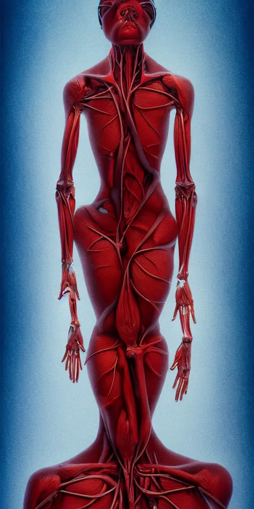Image similar to poster design, full body anatomical model, 3 d photographic render of a deconstructed asymmetric human anatomical correct human body, in hoc signo vinces, waterfall, in the style of leonora carrington, gottfried helnwein, intricate composition, blue light by caravaggio, insanely quality, highly detailed, masterpiece, red light, artstation