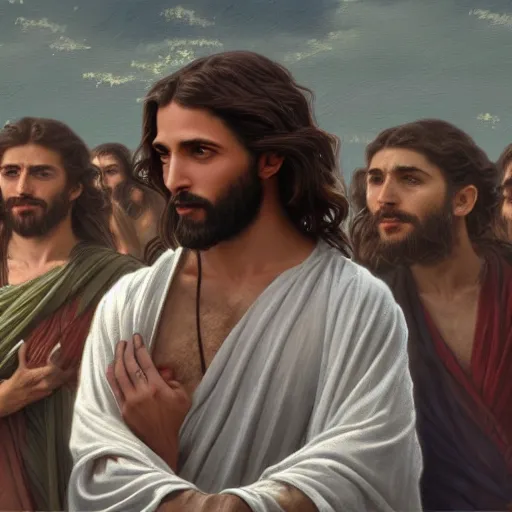 Image similar to an extremely detailed matte painting of a ridiculously good looking jesus that looks like a jewish gigachad with his 1 2 apostle entourage, long curly hair, elegant ancient greek dress, very detailed, windy beach, beautiful, intricate, cinematic, artstation, william bouguereau, alphonse mucha, greg rutkowski, rossdraws, octane render