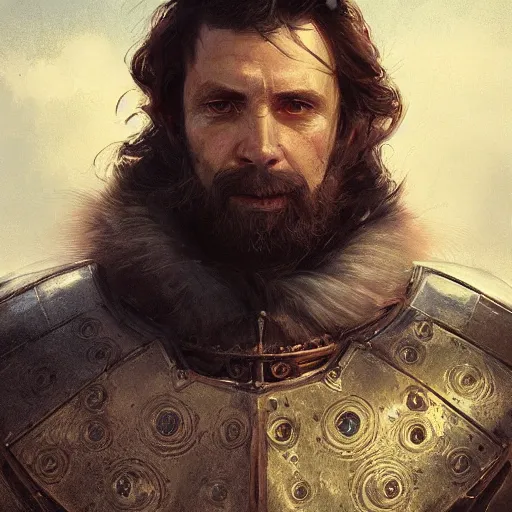 Image similar to Portrait of a middle aged Knight with big sideburns, mutton chops, detailed face, fantasy, highly detailed, cinematic lighting, digital art painting by greg rutkowski