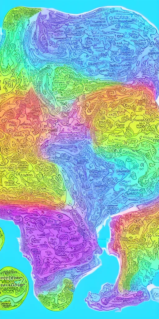 Image similar to infographic map of a heavenly realm split into regions with population information and statistics in the style of a three dimensional map highly detailed digital saturated colors full color inked drawn by bob ross and lisa frank