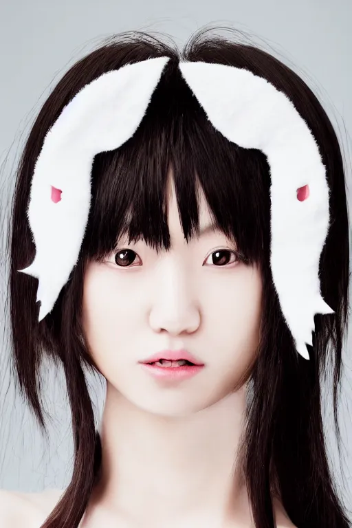 Prompt: aesthetic photograph of alluring young Japanese woman wearing white cat ears, by Nick Knight and jia ruan, headshot, cosplay, realistic, photorealistic, HD, 4k resolution