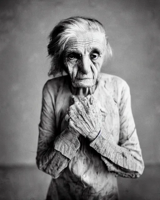 Prompt: a surreal portrait photograph of an old woman with no attached to life by mere threads of existance, in a dark grim morbid liminal space, dark, monochrome, atmospheric, surreal, in the style of alexey titarenko and robert mapplethorpe