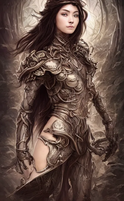 Image similar to a professional portrait of a beautiful young female, clothed in ethereal battle armor, olive skin, long dark hair, beautiful bone structure, symmetrical facial features, deep forest psytrance Neo-Gothic concept, infinity glyph waves, intricate artwork masterpiece, very coherent artwork, cinematic, full frontal facial features by Artgerm, Takato Yamamoto, Zdizslaw Beksinski, Johnatan Wayshak, Moebius, Ayami Kojima, very coherent artwork, trending on cgsociety, ultra high quality model, production quality cinema model, high detail chromatic ink outline, octane render, unreal engine 8k, hyper realism, high detail, octane render, unreal engine, 8k, High contrast