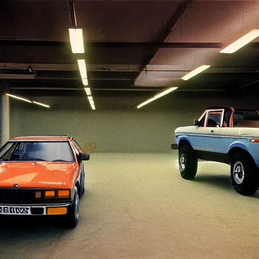 Image similar to 1979 Bronco BMW M1, inside of an auto dealership, ektachrome photograph, volumetric lighting, f8 aperture, cinematic Eastman 5384 film