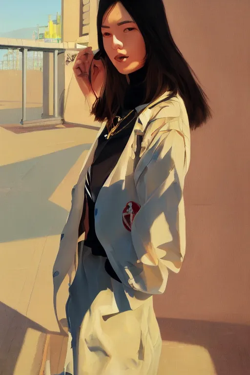 Image similar to A ultradetailed beautiful panting of a stylish woman looking at the camera, she is wearing streetwear, bright sunny day, Oil painting, by Ilya Kuvshinov, Greg Rutkowski and Makoto Shinkai