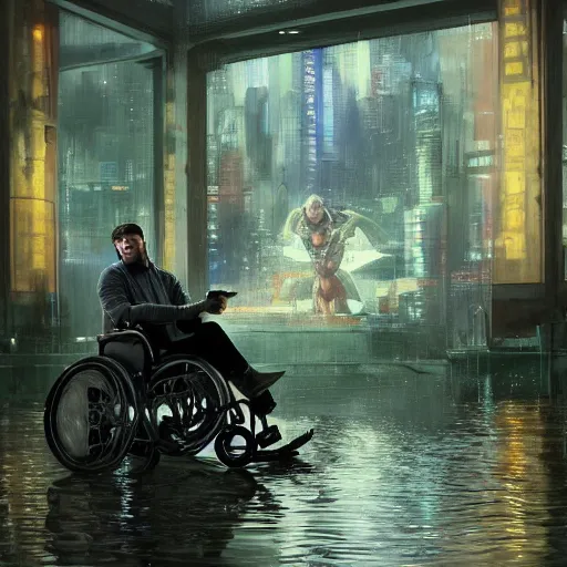 Image similar to handsome portrait of a wheelchair guy fitness posing, radiant light, caustics, war hero, smooth, one legged amputee, reflective water koi pond, ghost in the shell, futuristic accessibility prosthesis, lush garden surroundings, by gaston bussiere, bayard wu, greg rutkowski, giger, maxim verehin