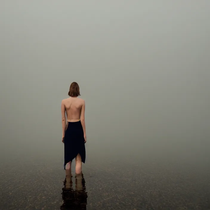 Image similar to a woman, standing in shallow endless water, foggy, backlit, wearing amazing clothes, backlit, photo by Marat Safin, Canon EOS R3, f/1.4, ISO 200, 1/160s, 8K, RAW, unedited, symmetrical balance, in-frame