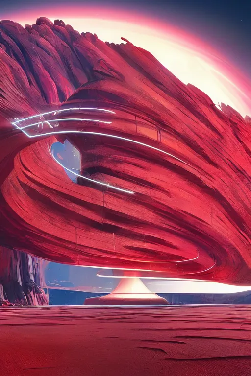 Prompt: futuristic temple designed by zaha hadid in a red canyon, star trails, dramatic lighting, artstation, matte painting, ralph mcquarrie, simon stalenhag