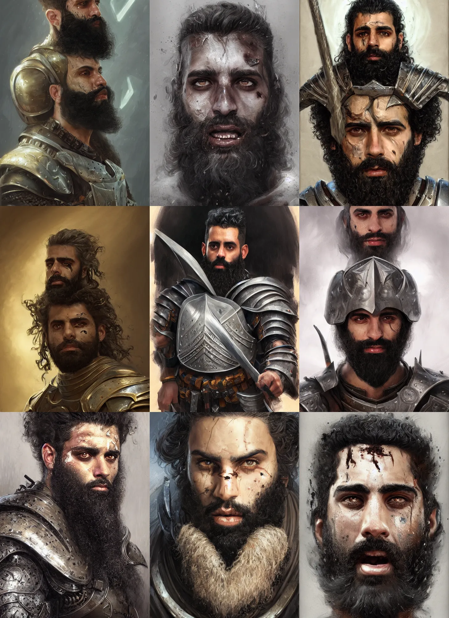 Prompt: a portrait of mena massoud as a bearded man, battle scars and bruises on face, paladin armor, black hair, some grey hair in beard, style by donato giancola, wayne reynolds, jeff easley dramatic light, high detail, cinematic lighting, artstation, dungeons and dragons