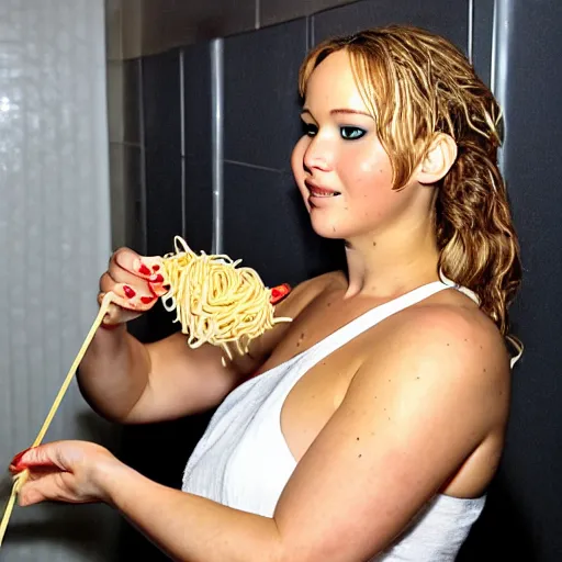 Prompt: fat jennifer lawrence eating spaghetti in the bathroom