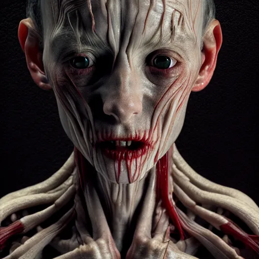 Prompt: female vampire monster with translucent skin, visible muscles and veins and arteries and bones and spine and nerves, beautiful detailed intricate insanely detailed octane render, 8K artistic photography, photorealistic, chiaroscuro, by David Cronenberg, Raphael, Caravaggio