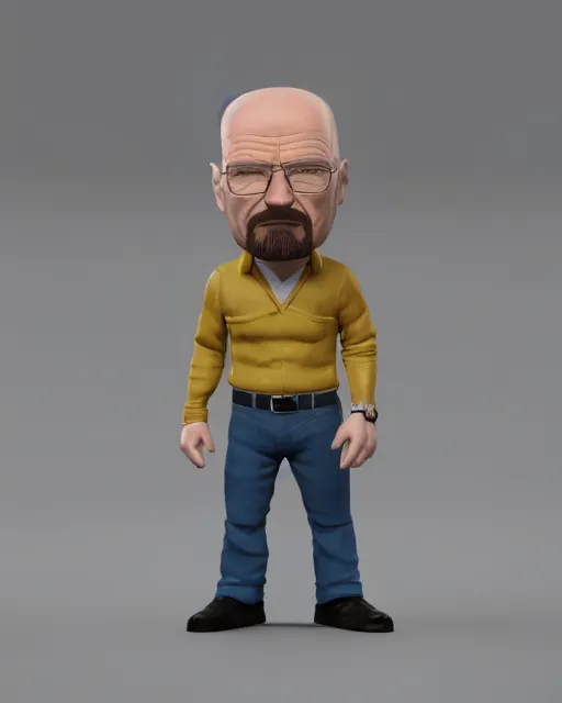 Image similar to full body 3d render of Walter White as a funko pop, studio lighting, white background, blender, trending on artstation, 8k, highly detailed