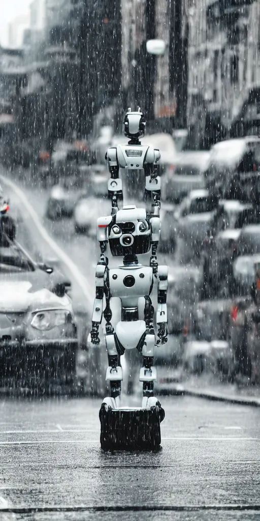 Image similar to robot on the road, city, photo, rain,