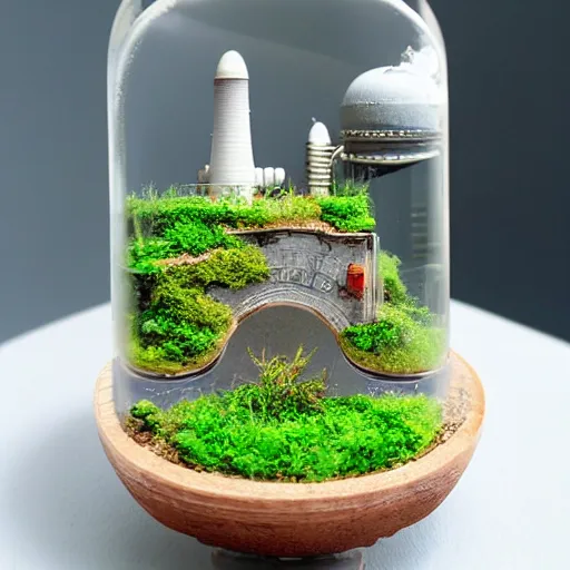Image similar to a terrarium with nuclear power station diorama inside on top of a minimalist table, lit from the side