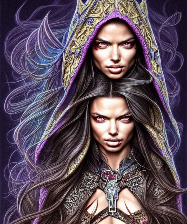 Image similar to Portrait of Adriana Lima , D&D, fantasy, intricate, richly detailed colored pencil 3D illustration of a beautiful with long metallic hair wearing a hoodie and short shorts that is evil and happy. mirrored background with completely rendered reflections, art by Range Murata and Artgerm highly detailed, digital painting, trending on artstation, sharp focus, illustration, style of Stanley Artgerm, perfect smile and tooth