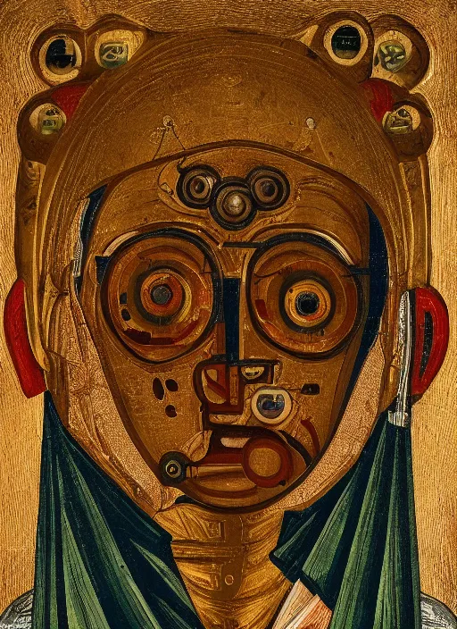 Prompt: a portrait of a cyborg jacked into a brain-machine interface, Byzantine religious icon