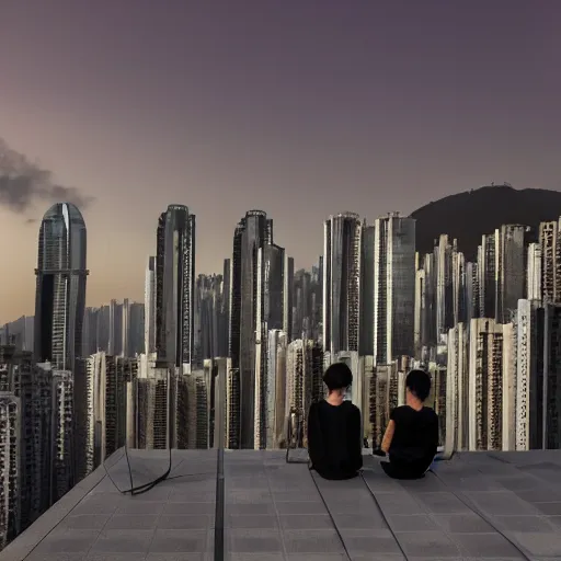 Image similar to a small rooftop with a couple of people sitting and watching the view, wearing black modern clothes, designed by rick owens, messy short hair, modern hong kong is on the background, sunset, pale colors, by gregory crewdson