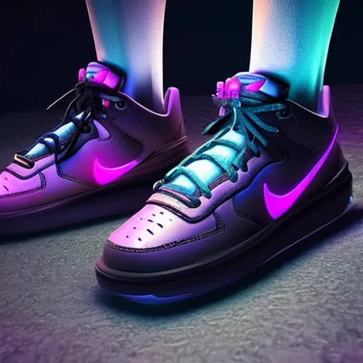 Image similar to nike airforce from cyberpunk 2 0 7 7, 3 d, ultra - realistic