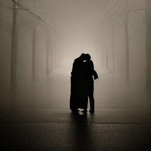 Image similar to an emotional dark picture of two shadowy figures hugging each other, it is raining heavily, 35mm, motion blur