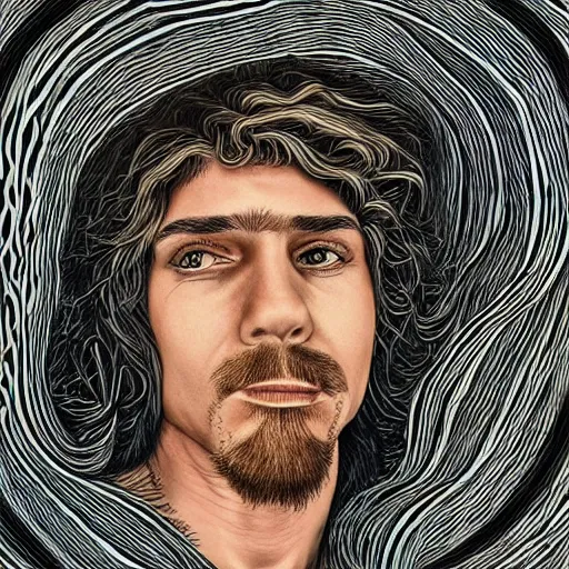 Prompt: alex ondra, climbing rope hair, portrait, style alex gray, style dan hillier, dmt background, hyperrealistic