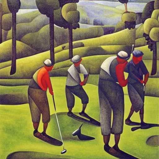 Image similar to Three golfers on a beautiful golf course, by Diego Rivera