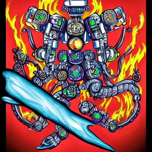 Image similar to Automaton, fire dragon spirit, Pathfinder, Robot, Overload, art by Graey Erb, full shot, pop art
