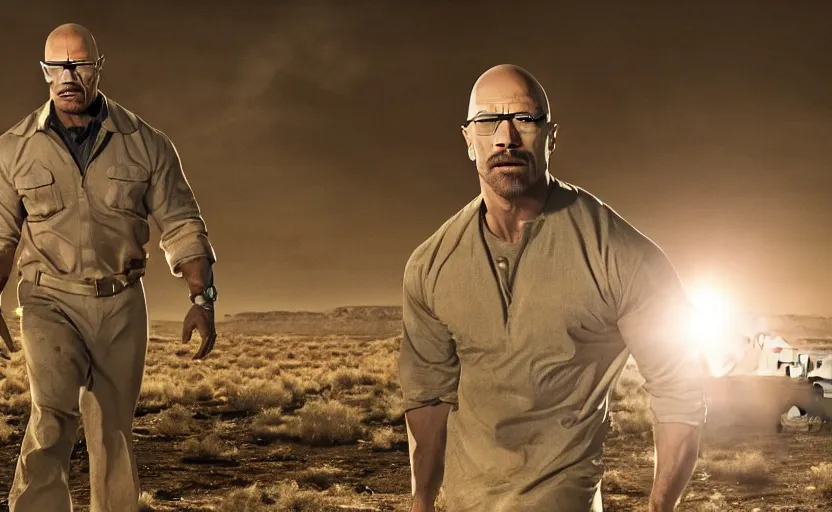 Image similar to Dwayne The Rock Johnson as Walter White in 'Breaking Bad' (2012), movie still frame, oscar nominated cinematography, volumetric lighting, 8k resolution, beautiful composition