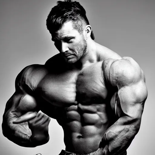 Image similar to very muscular chad man is so muscular that his biceps have biceps, flexing arms, studio photograph, black and white