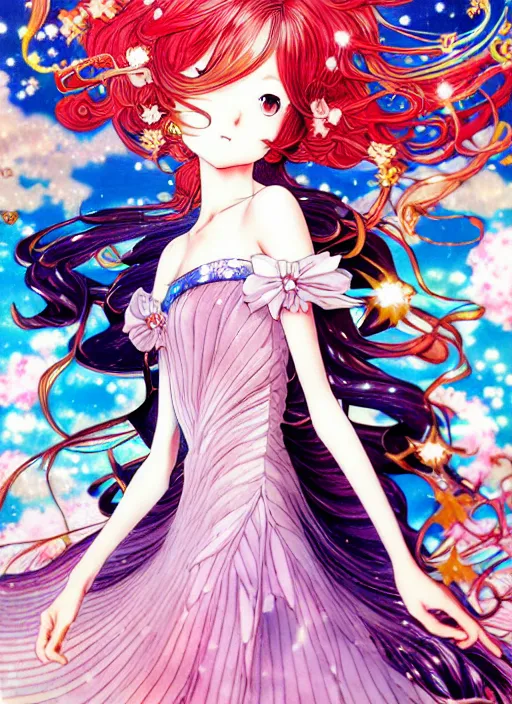 Prompt: exquisite imaginative manga poster art fairy princess, fate, long wavy hair, rococo ruffles dress, shimmering, by shigenori soejima, minaba hideo, katsuhiro otomo, jump comics, illustration, artstation, dark fantastic, highly detailed, 8 k, fluorescent, maximalist