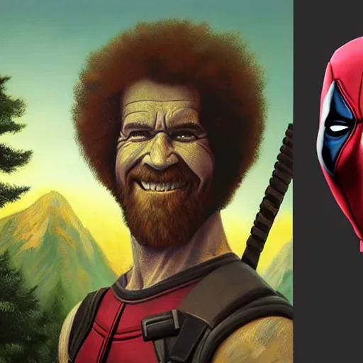 Image similar to a closeup photorealistic photograph of bob ross working on a canvas painting of deadpool. film still. brightly lit scene. mountains and trees. this 4 k hd image is trending on artstation, featured on behance, well - rendered, extra crisp, features intricate detail, epic composition and the style of unreal engine.