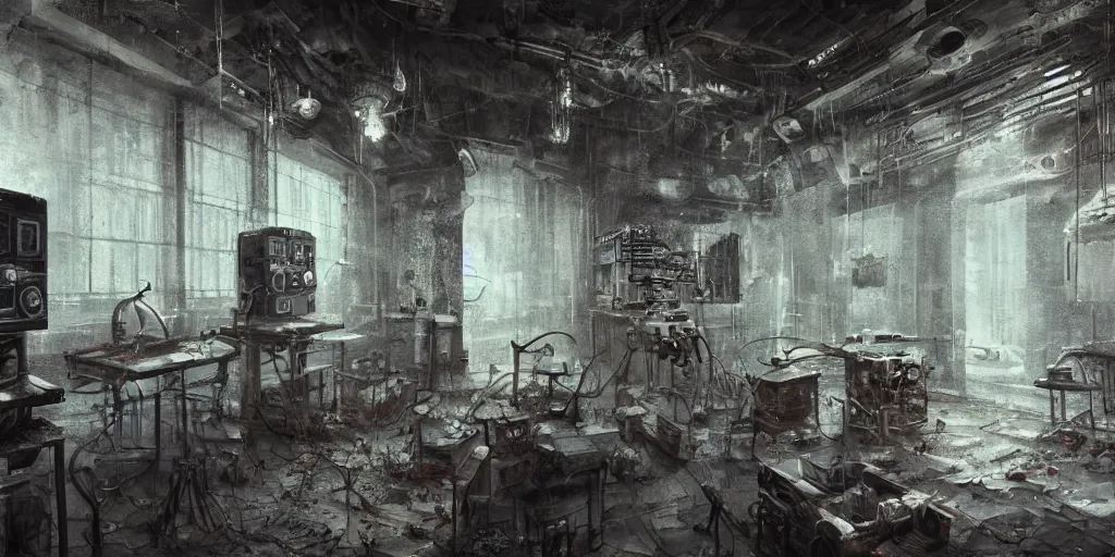 Image similar to xxii century humans discover abandoned laboratory with vacuum tube computers, early xx century technology, dark atmosphere, intricate, elegant, highly detailed, urban decay, digital painting, artstation, concept art, smooth, sharp focus, octane render, dramatic lighting, volumetric lighting, cinematic lighting, art by zdislav beksinski and hans giger