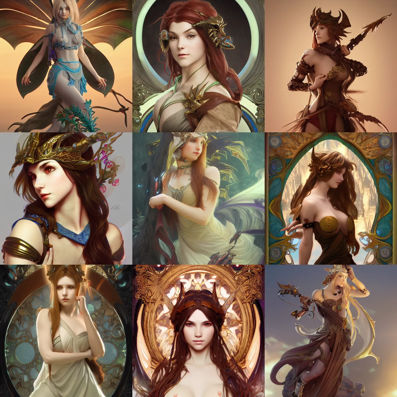 Prompt: attractive female dragon fantasy warrior, as seen on artgerm, octane render, in the style of alphonse mucha, ultra realistic, highly detailed, 8 k