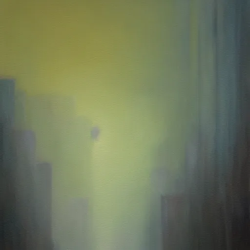 Image similar to dense city canyon fog emerald light oil painting