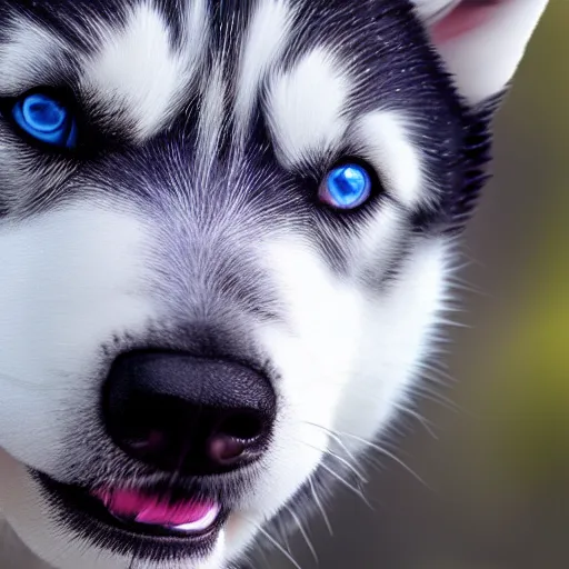 Image similar to A husky puppy with heterochromia , snowy environment, detailed close-up, 4k photo