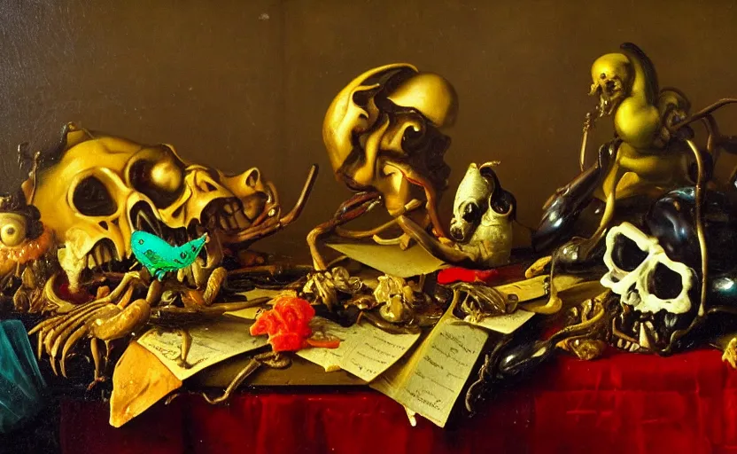 Image similar to disturbing colorful oil painting dutch golden age vanitas still life with bizarre objects strange gooey surfaces shiny metal bizarre insects rachel ruysch dali todd schorr very detailed perfect composition rule of thirds masterpiece canon 5 0 mm, cinematic lighting, photography, retro, film, kodachrome