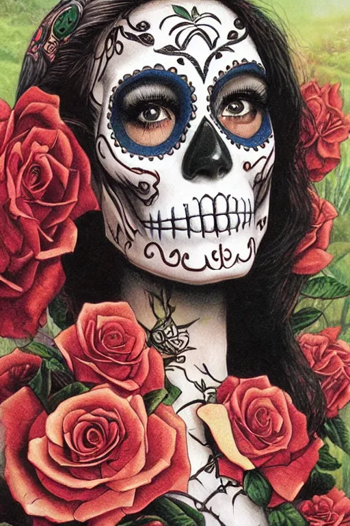 Image similar to Illustration of a sugar skull day of the dead girl, art by Ted Nasmith