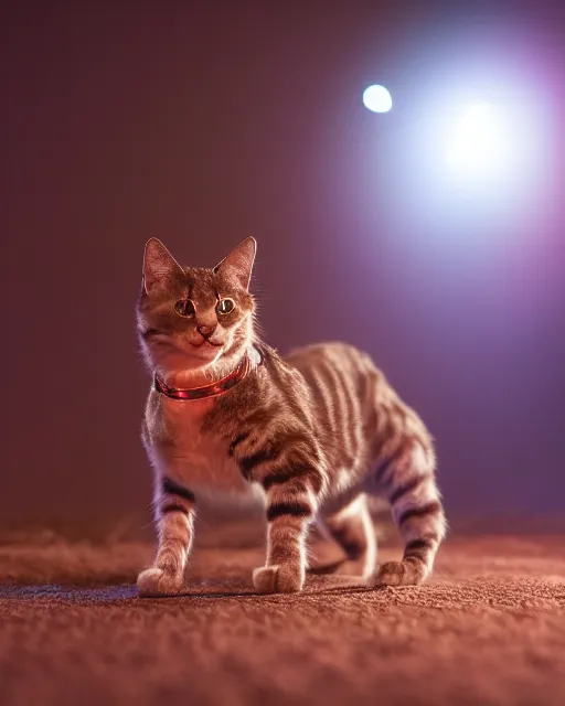Prompt: high quality presentation noght photo of an illuminated cat-like female robot on mars, photography 4k, full body, f1.8 anamorphic, bokeh, 4k, Canon, Nikon