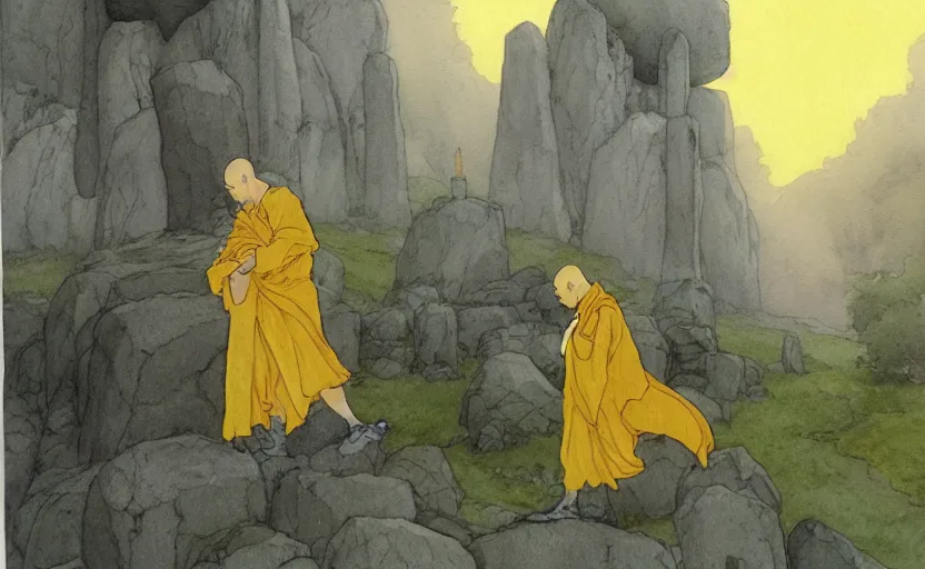 Prompt: a hyperrealist anime watercolor fantasy concept art of a giant monk with a grey robe and a small druid with a yellow robe in stonehenge on a misty night. several immense stones are floating in the air. by rebecca guay, michael kaluta, charles vess