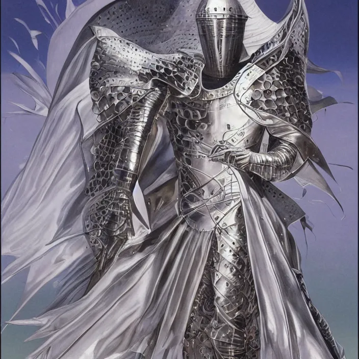 Image similar to teutonic knight, full body, high fashion, latex, futurist, aerodynamic, metallic, sharp, flowing, slick, highly detailed, motion, concept art, smooth, sharp focus, hd, art by alex grey and bruce pennington and annie leibovitz