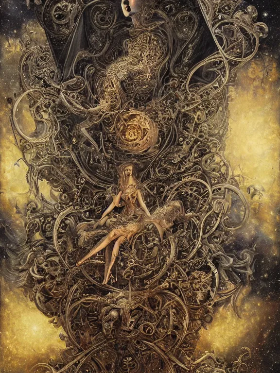 Image similar to a detailed render of Baroque tarot card ,by Nekro,Billelis,peter gric,Trending on artstation,bismuth，fractalism，astrophotography,maximalism,glittering,Ligne Claire,darkhyperreal