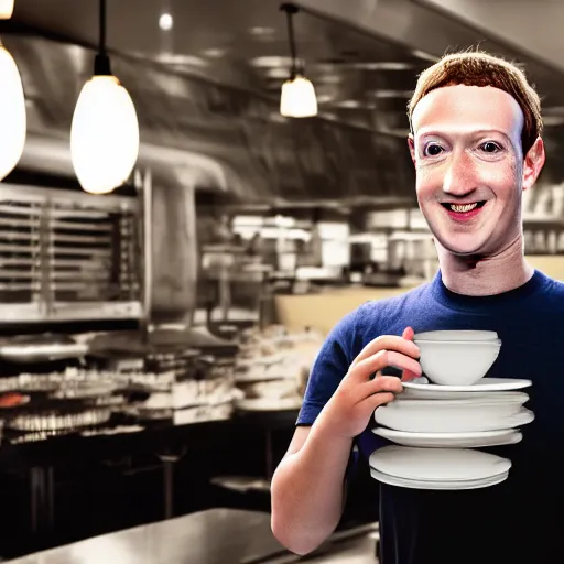 Image similar to Mark Zuckerberg as a restaurant waiter holding a coaster, EOS-1D, f/1.4, ISO 200, 1/160s, 8K, RAW, unedited, symmetrical balance, in-frame, Photoshop, Nvidia, Topaz AI