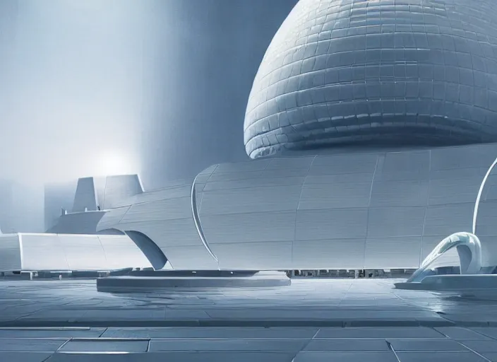 Image similar to cult of technology, exterior, scifi, machines, robots, ultra realistic, transparent labs, metallic surface, highly detailed, white, lotus temple, futuristic landscape, city, utopian architecture, atmosphere, masterpiece, portals, epic lighting, glow, mysterious, 4 k, cinematic, art by patryk olkiewicz and chris ostrowski and liang yao