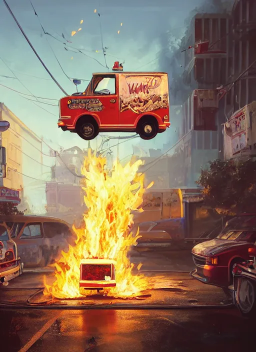 Image similar to highly detailed image of an ice cream truck on fire, in gta v, stephen bliss, unreal engine, fantasy art by greg rutkowski, loish, rhads, ferdinand knab, makoto shinkai and lois van baarle, ilya kuvshinov, rossdraws, tom bagshaw, global illumination, radiant light, detailed and intricate environment