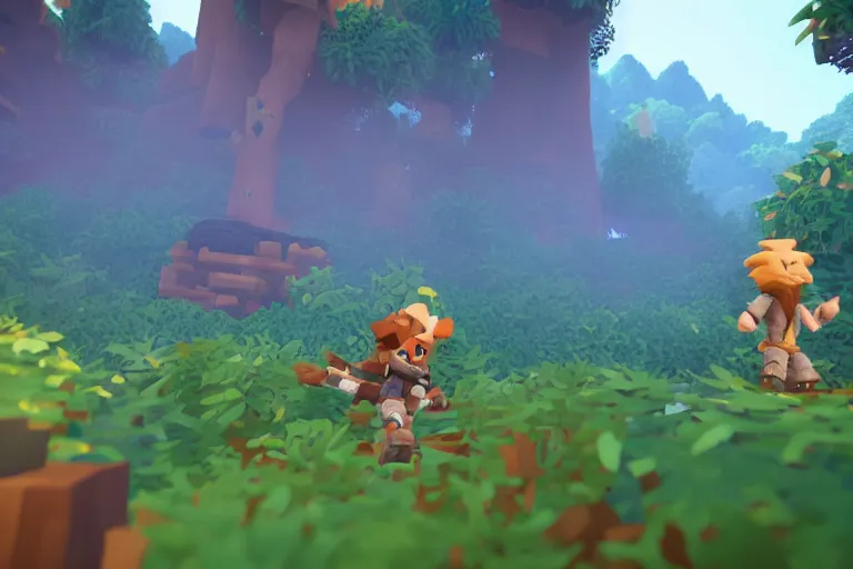 Prompt: Hytale Gameplay, Kweebec running through a forest, depth of field shot