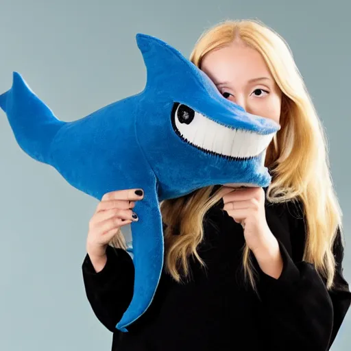 Prompt: a blonde girl in a black hoodie holding a blahaj blue shark plush from ikea, anime style