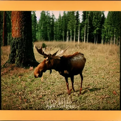 Prompt: close - up fisheye polaroid of a moose, kodachrome