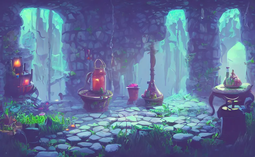 Image similar to interior of a witch's shot, bottles of potions, a large cauldron with bubbles, lush vegetation, artstation, concept art by peter chan, colorful lighting, pixel art