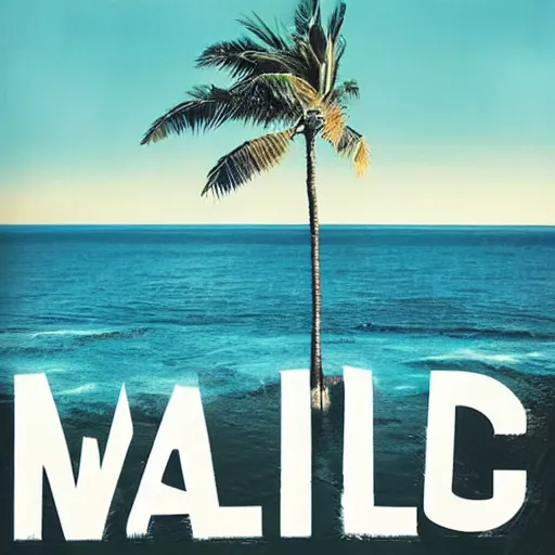 Image similar to miracle musical Hawaii part ii album cover, showing an ocean in the background, spiral transparent stairs on the left with tall palm trees behind it, a slight rainbow in the background, white outline border, moon in the right top area black and white